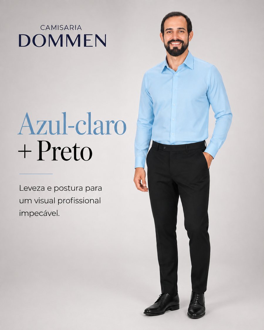 Camisa azul-claro com calça social preta