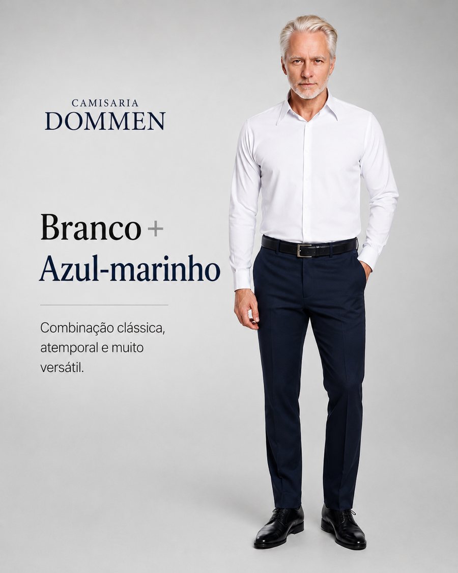 Camisa branca com calça social azul-marinho
