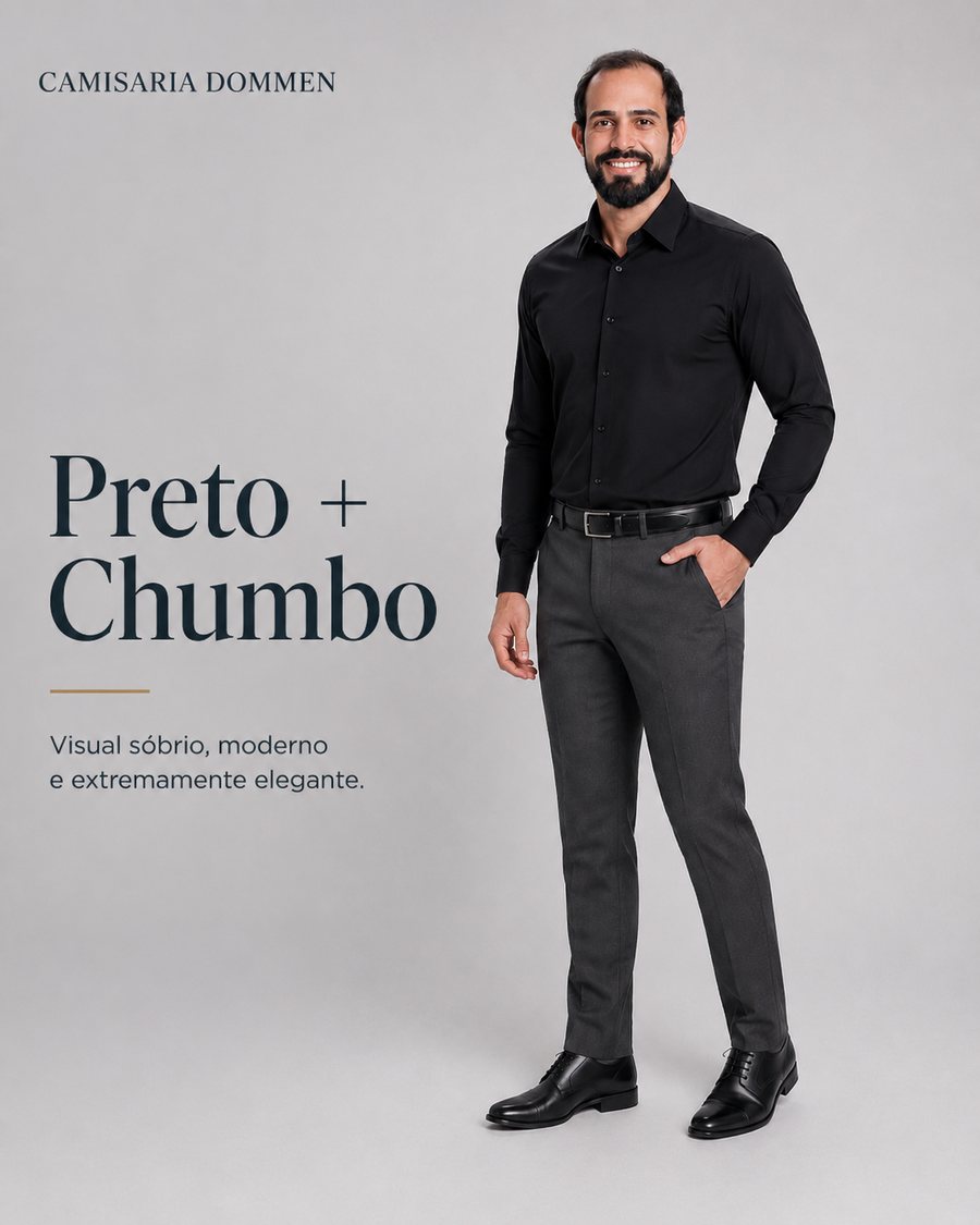 Camisa preta com calça social chumbo