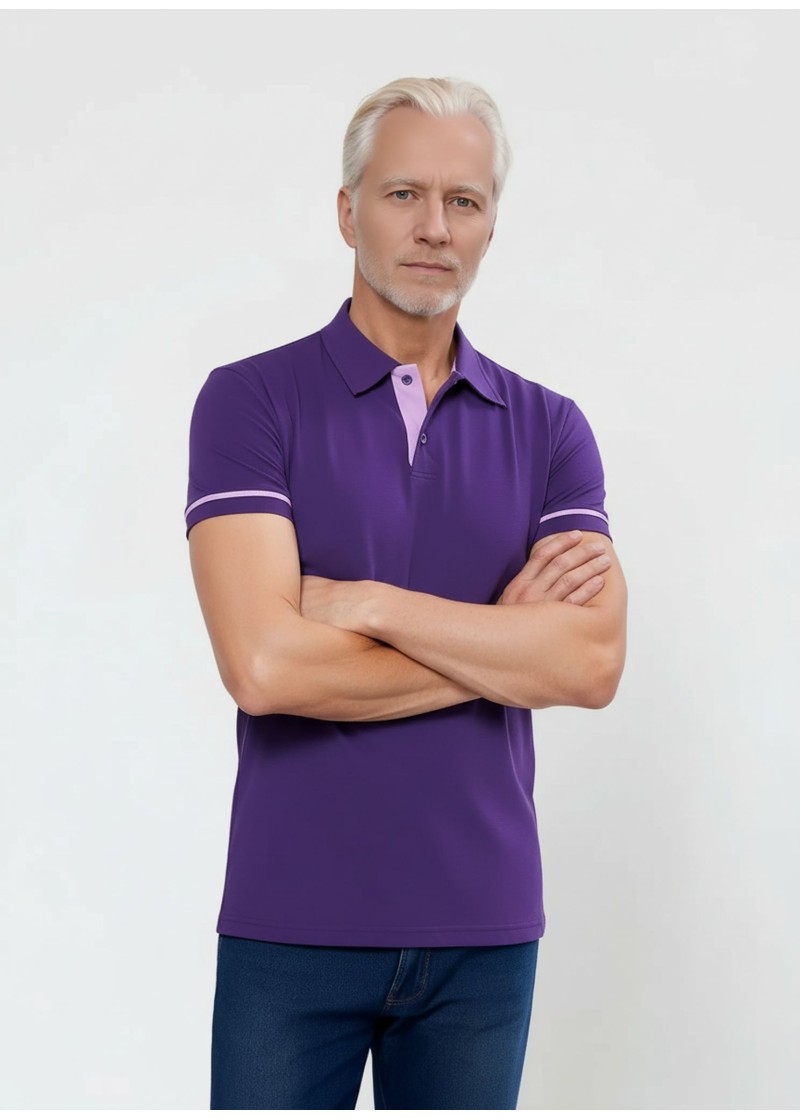 Camisa polo roxa com detalhes em rosa