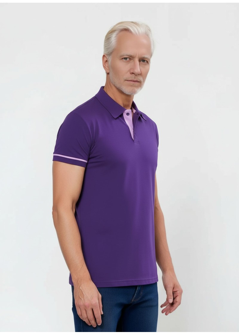 Camisa polo roxa com detalhes em rosa