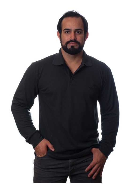 Camisa polo masculina preta manga longa