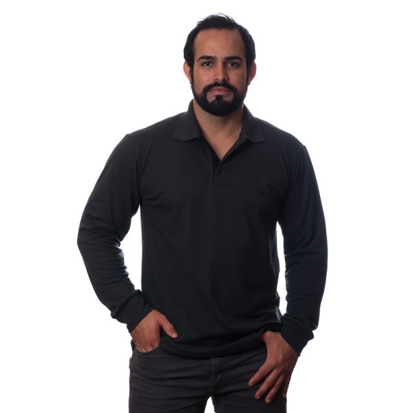 Camisa polo masculina preta manga longa