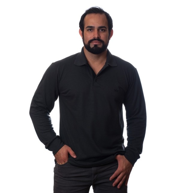 Camisa polo masculina preta manga longa