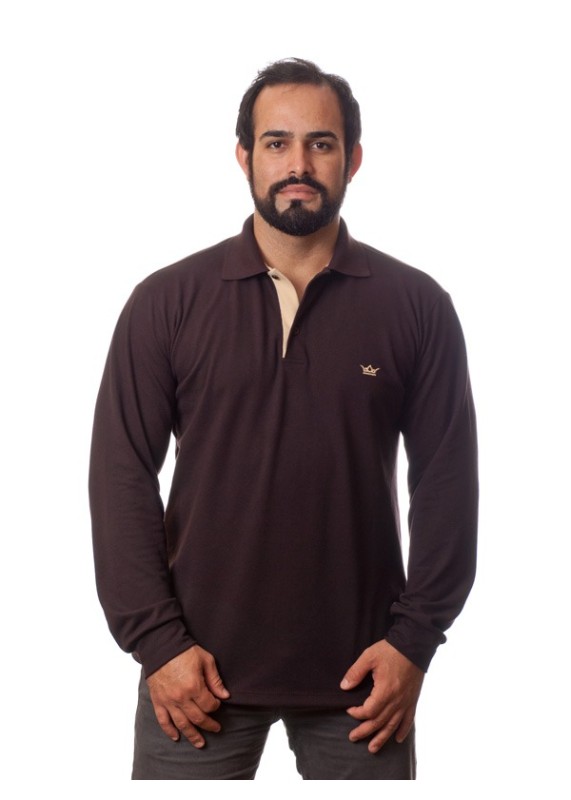 Camisa polo masculina marrom manga longa