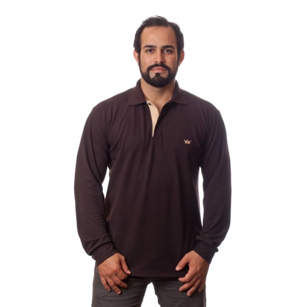 Camisa polo masculina marrom manga longa