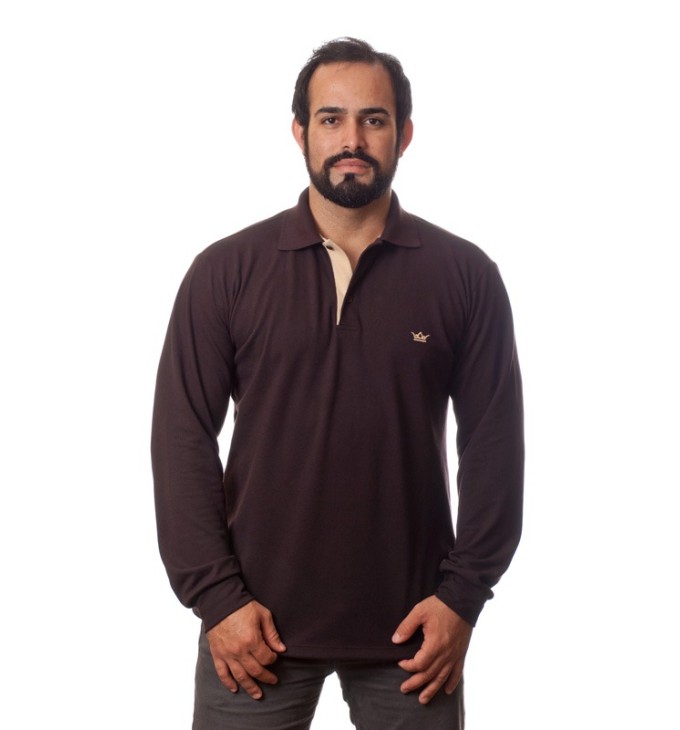 Camisa polo masculina marrom manga longa Camisa polo masculina marrom manga longa