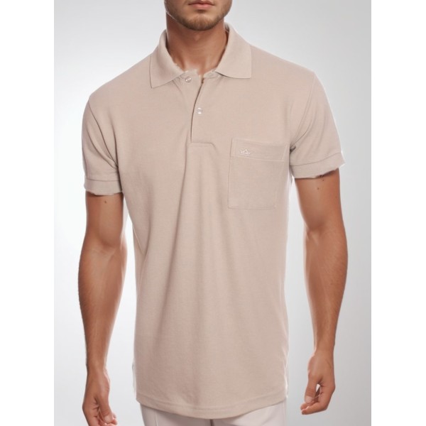 Camisa polo masculina bege com bolso