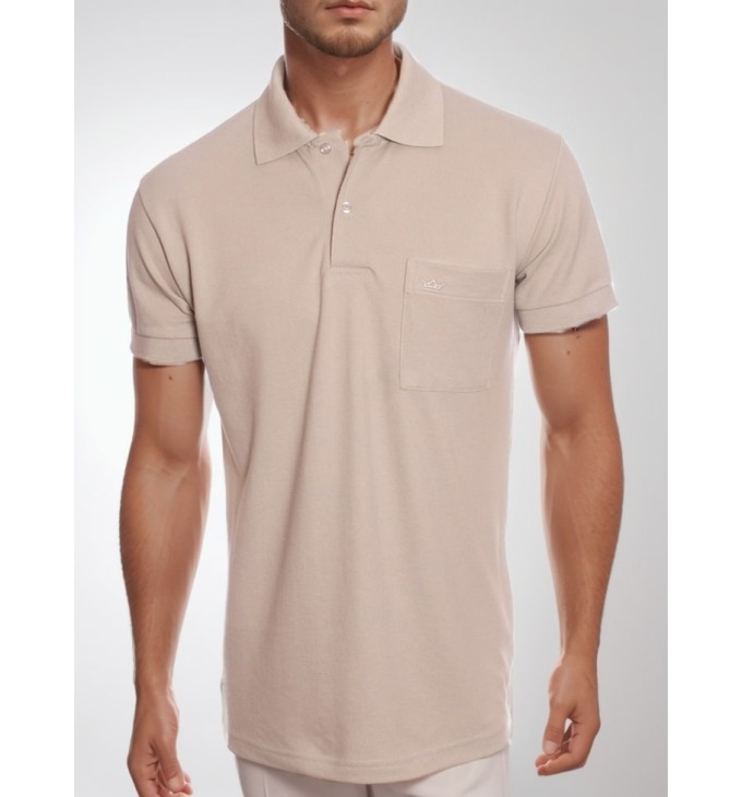 Camisa polo masculina bege com bolso Camisa polo masculina bege com bolso