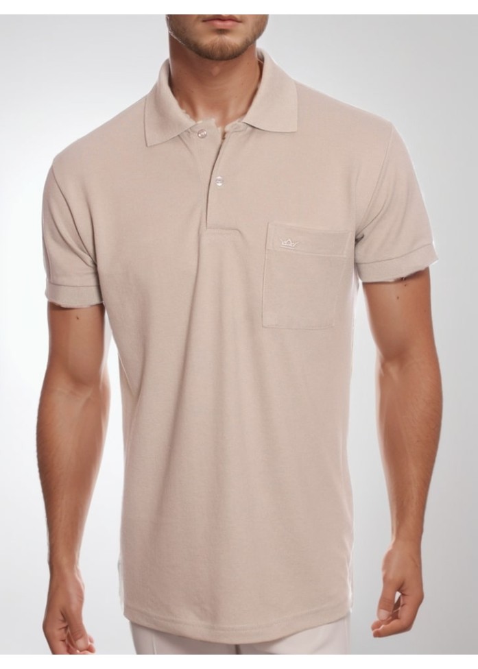 Camisa polo masculina bege com bolso