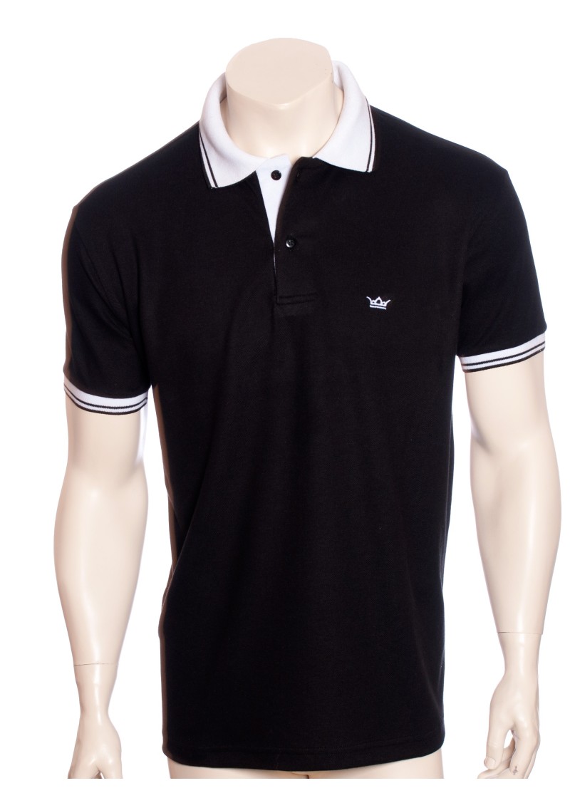 Camisa polo preta com detalhe branco
