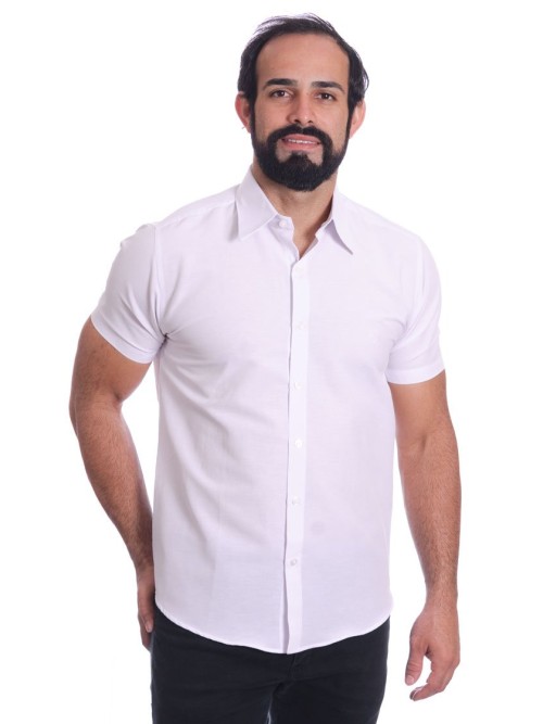 Camisa social branca masculina de microfibra manga curta