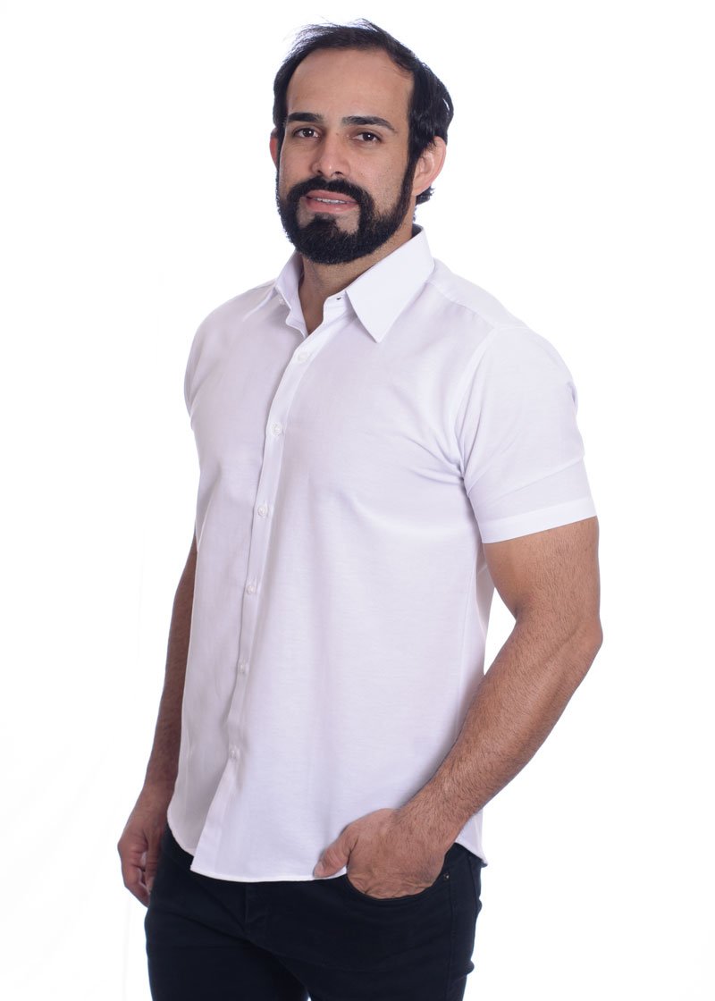 Camisa social branca masculina de microfibra manga curta