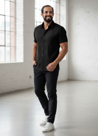 Camisa social preta masculina de microfibra manga curta