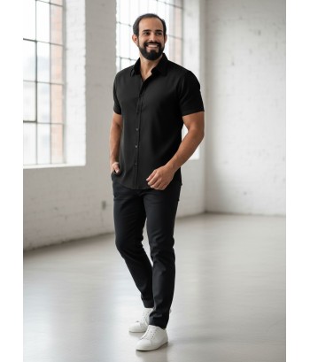 Camisa social preta masculina de microfibra manga curta