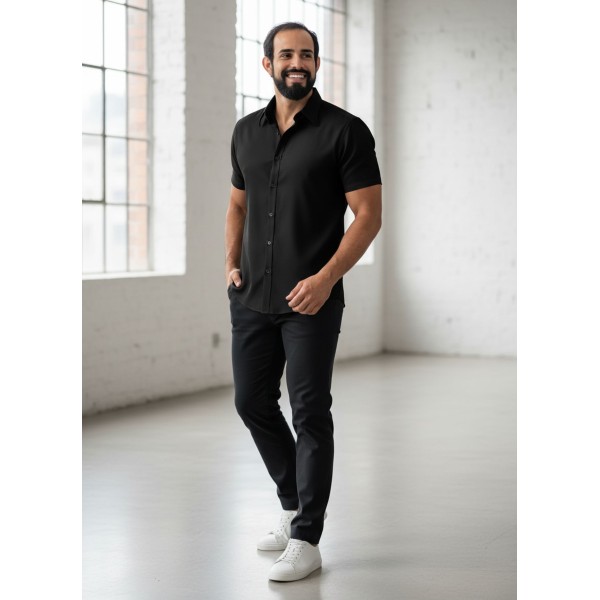 Camisa social preta masculina de microfibra manga curta