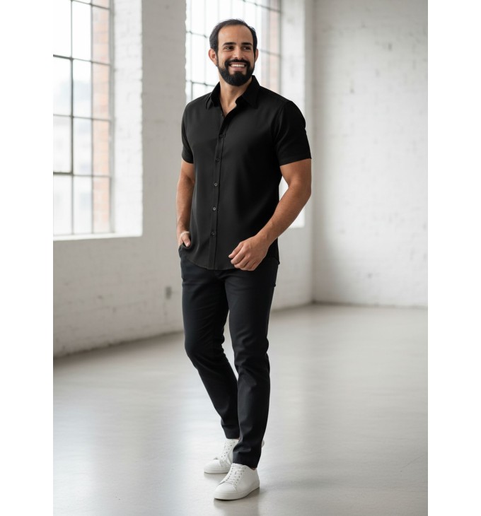 Camisa social preta masculina de microfibra manga curta