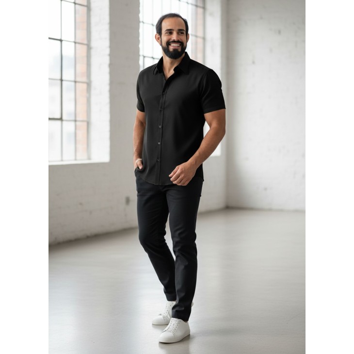 Camisa social preta masculina de microfibra manga curta