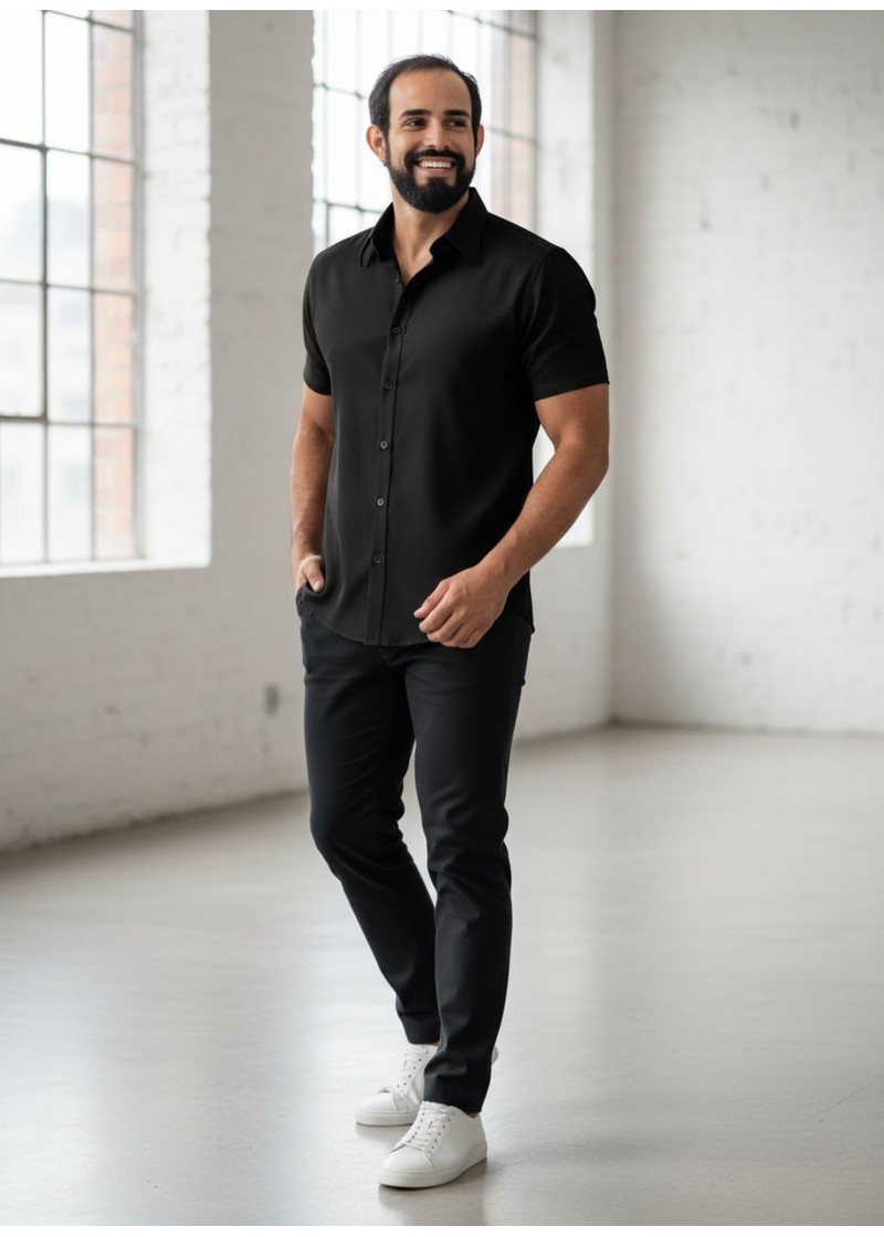 Camisa social preta masculina de microfibra manga curta