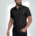 Camisa social preta masculina de microfibra manga curta
