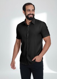 Camisa social preta masculina de microfibra manga curta