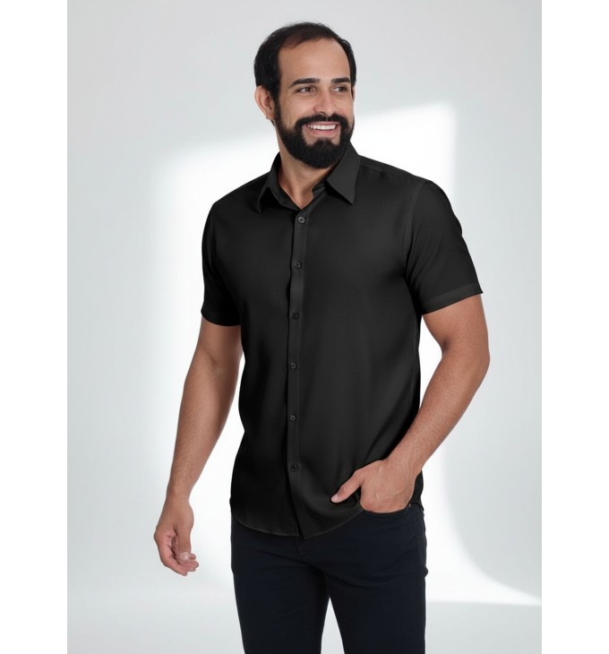 Camisa social preta masculina de microfibra manga curta