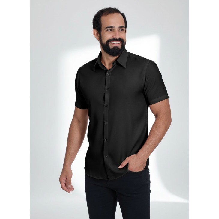 Camisa social preta masculina de microfibra manga curta