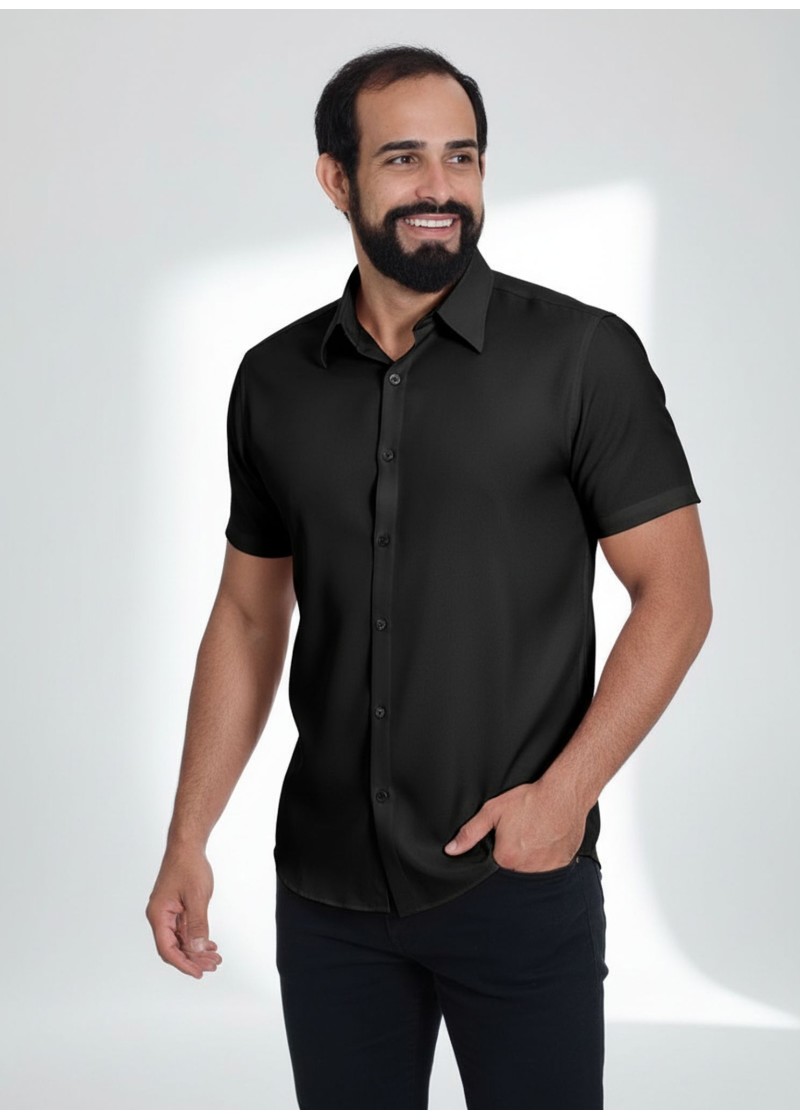 Camisa social preta masculina de microfibra manga curta