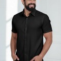 Camisa social preta masculina de microfibra manga curta