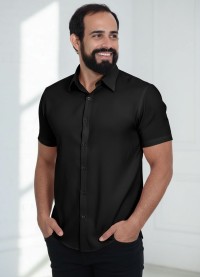 Camisa social preta masculina de microfibra manga curta
