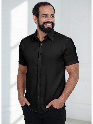 Camisa social preta masculina de microfibra manga curta