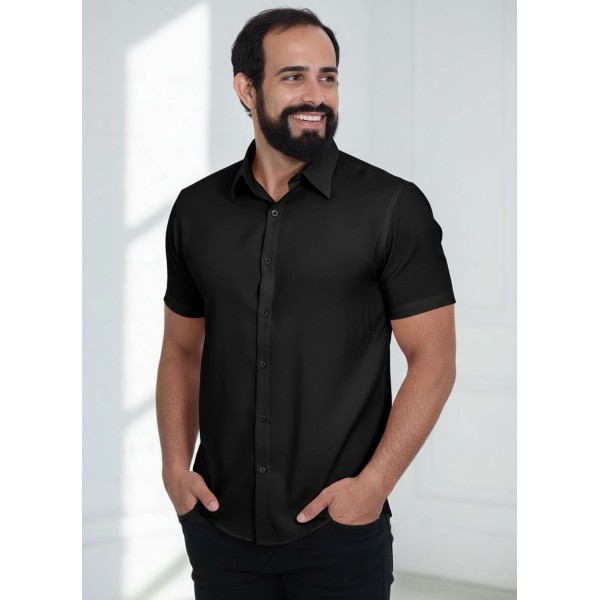 Camisa social preta masculina de microfibra manga curta