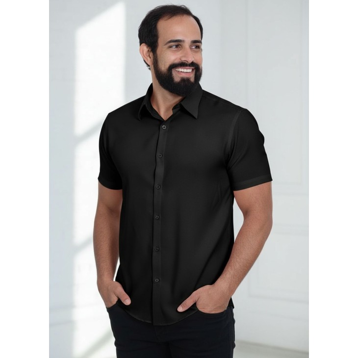 Camisa social preta masculina de microfibra manga curta