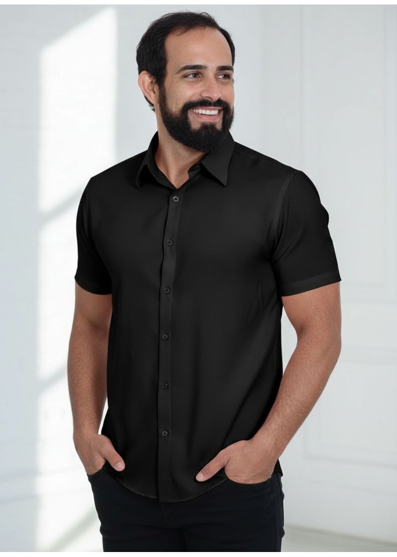 Camisa social preta masculina de microfibra manga curta
