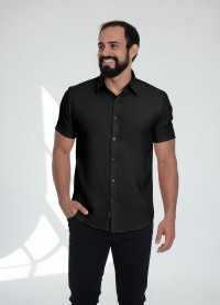 Camisa social preta masculina de microfibra manga curta