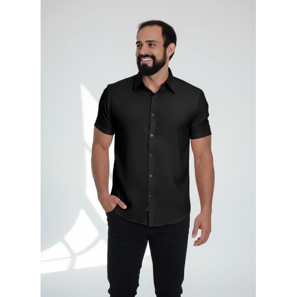 Camisa social preta masculina de microfibra manga curta