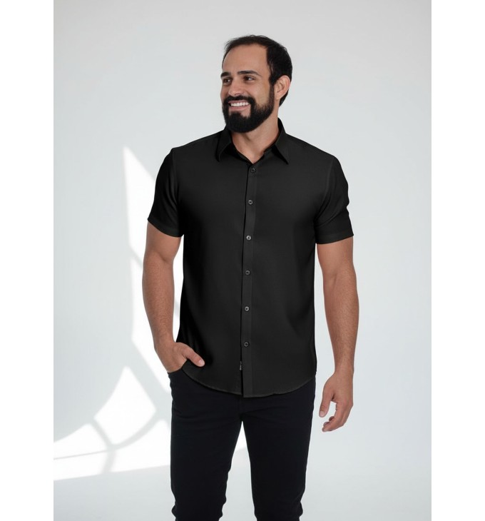 Camisa social preta masculina de microfibra manga curta