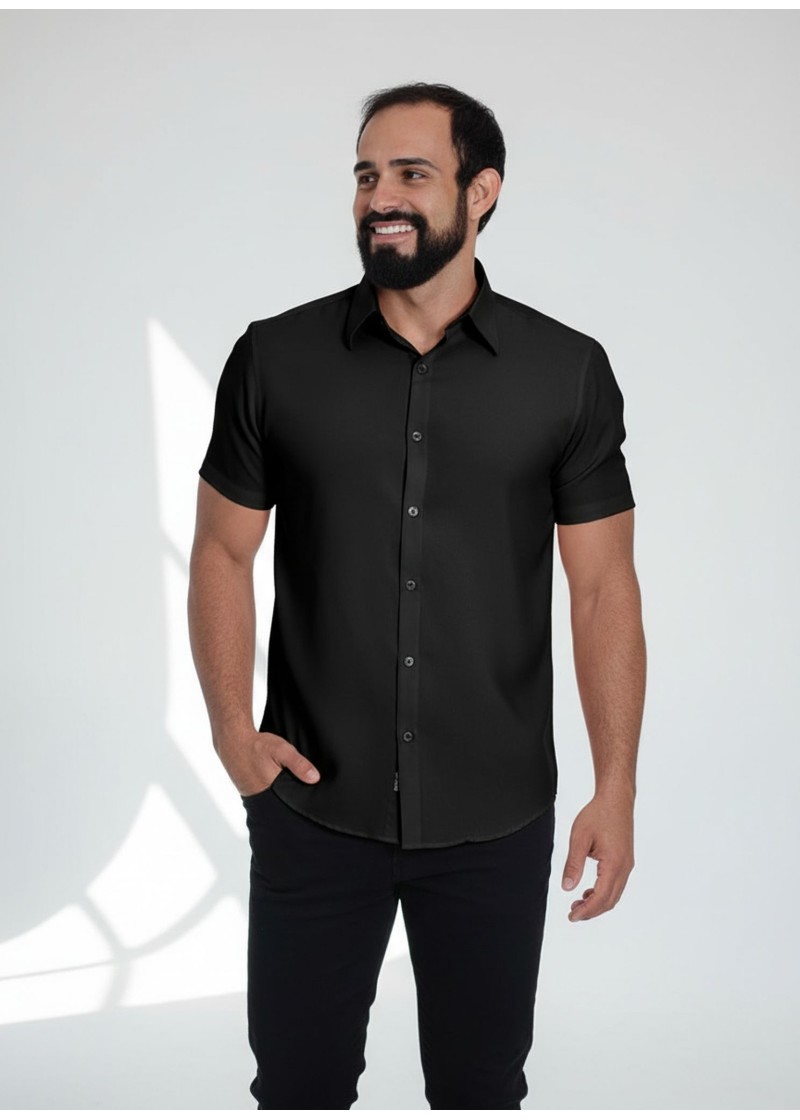 Camisa social preta masculina de microfibra manga curta