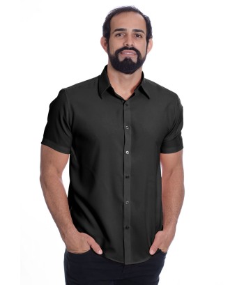 Camisa social preta masculina de microfibra manga curta