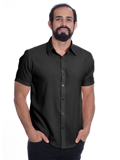 Camisa social preta masculina de microfibra manga curta