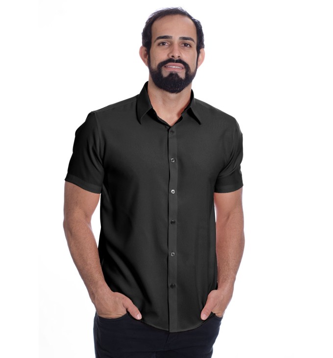 Camisa social preta masculina de microfibra manga curta Camisa social preta masculina de microfibra manga curta