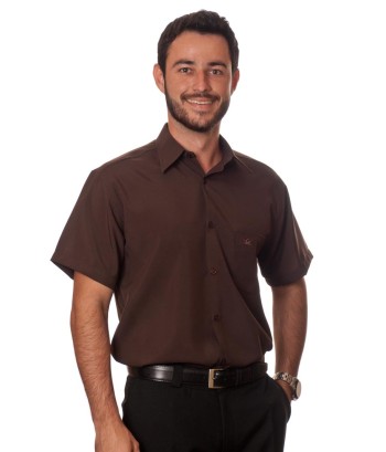 Camisa social marrom café masculina de microfibra manga curta