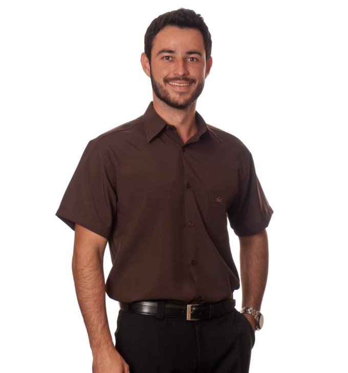 Camisa social marrom café masculina de microfibra manga curta Camisa social marrom café masculina de microfibra manga curta