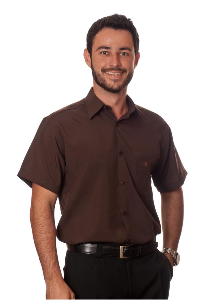 Camisa social marrom café masculina de microfibra manga curta
