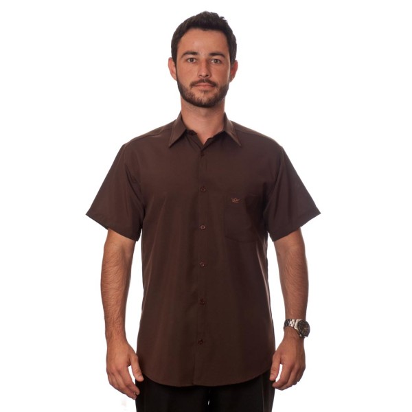 Camisa social marrom café masculina de microfibra manga curta