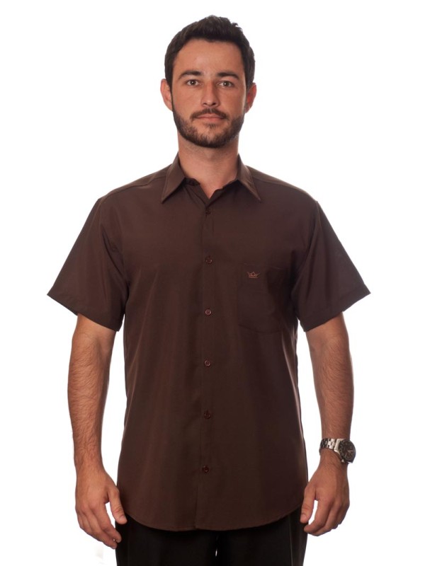 Camisa social marrom café masculina de microfibra manga curta