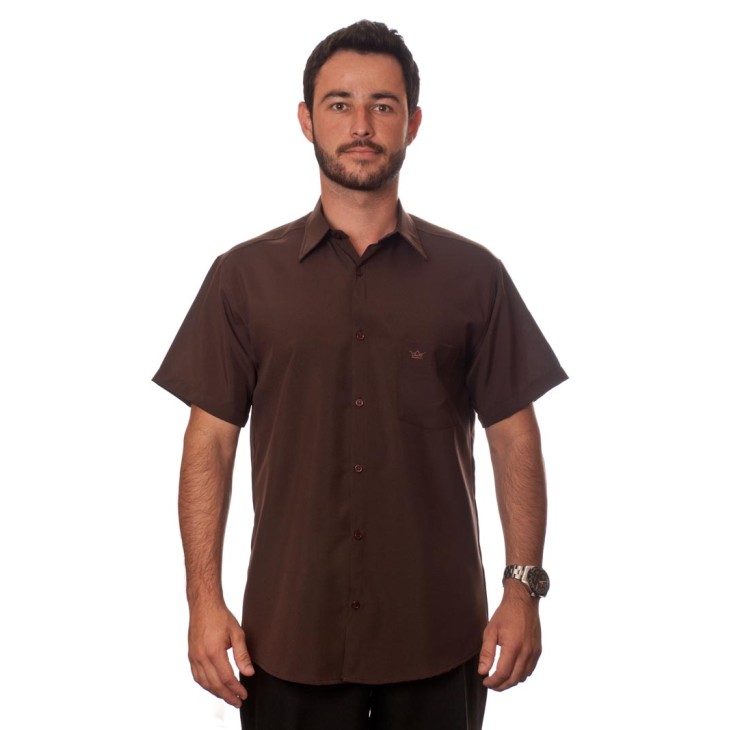Camisa social marrom café masculina de microfibra manga curta