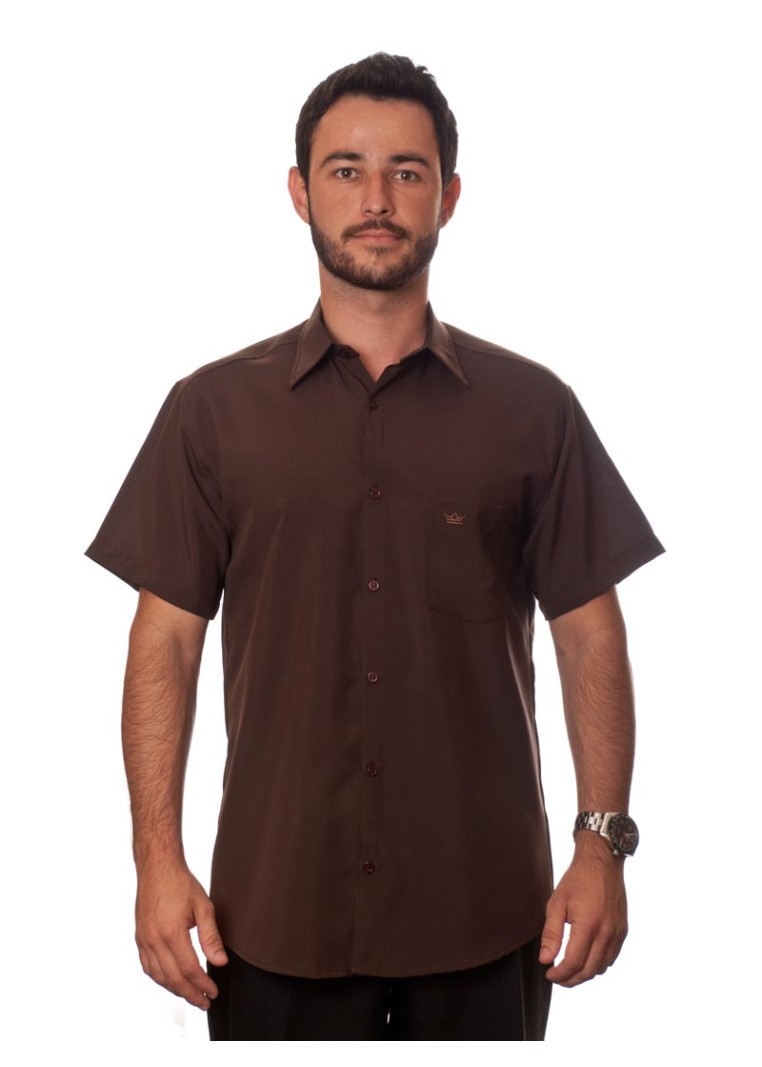 Camisa social marrom café masculina de microfibra manga curta