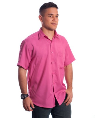 Camisa social pink masculina de microfibra manga curta