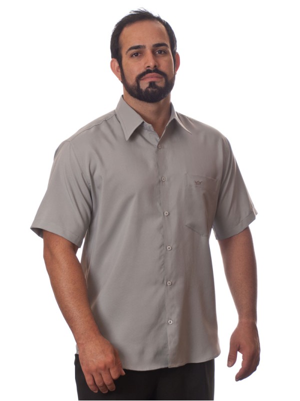 Camisa social cinza médio masculina de microfibra manga curta Camisa social cinza médio masculina de microfibra manga curta